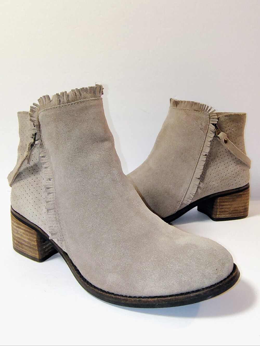Diba True Wind Chime Leather Fringe Ankle Double Zip Block Heel Suede Boot Taupe